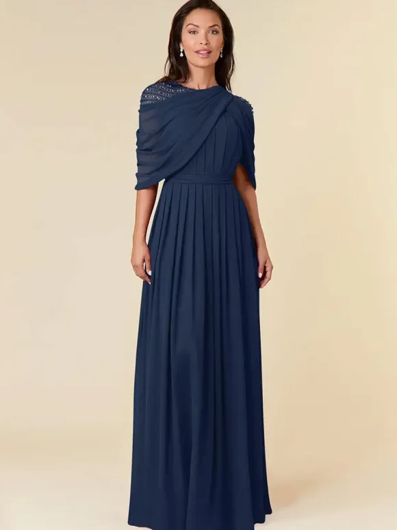 Robe de soirée pour mère de la mariée col bijou sans manches ligne a perles longueur au sol robes d'invitées de mariage
