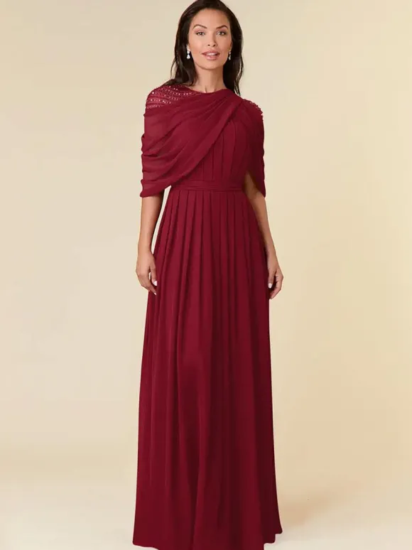 Robe de soirée pour mère de la mariée col bijou sans manches ligne a perles longueur au sol robes d'invitées de mariage