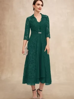 Robe de soirée pour mère de la mariée col en v demi-manches ligne a dentelle longueur thé robes d'invitées pour mariage
