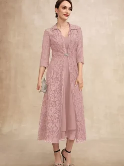 Robe de soirée pour mère de la mariée col en v demi-manches ligne a dentelle longueur thé robes d'invitées pour mariage