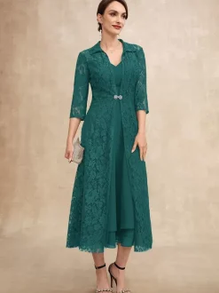 Robe de soirée pour mère de la mariée col en v demi-manches ligne a dentelle longueur thé robes d'invitées pour mariage