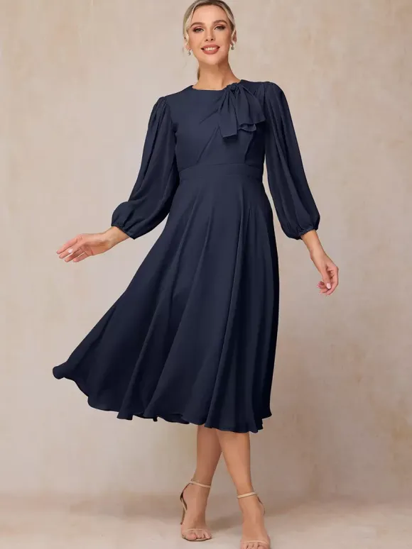 Robe de soirée pour mère de la mariée col bijou manches 3/4 ligne a n艙uds robes d'invitées pour mariage