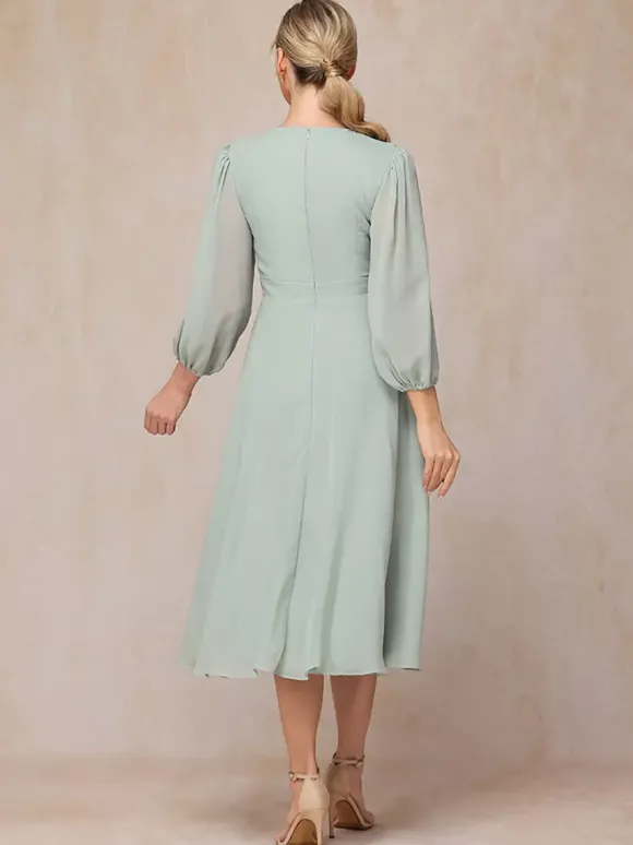 Robe de soirée pour mère de la mariée col bijou manches 3/4 ligne a n艙uds robes d'invitées pour mariage