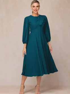 Robe de soirée pour mère de la mariée col bijou manches 3/4 ligne a n艙uds robes d'invitées pour mariage