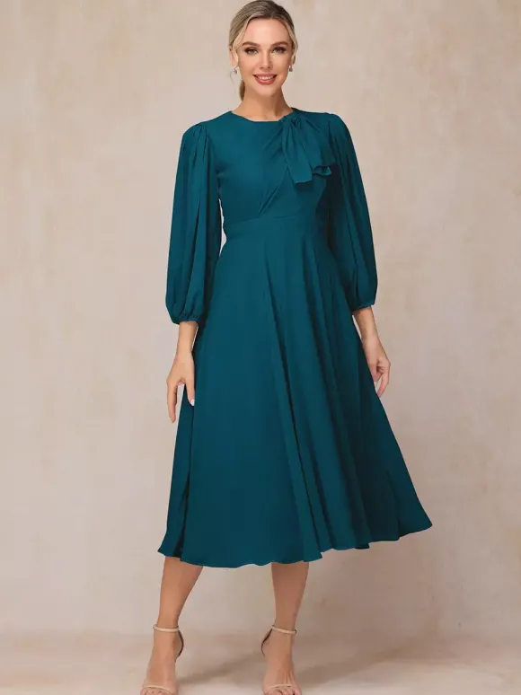 Robe de soirée pour mère de la mariée col bijou manches 3/4 ligne a n艙uds robes d'invitées pour mariage