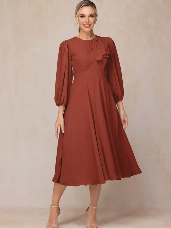 Robe de soirée pour mère de la mariée col bijou manches 3/4 ligne a n艙uds robes d'invitées pour mariage