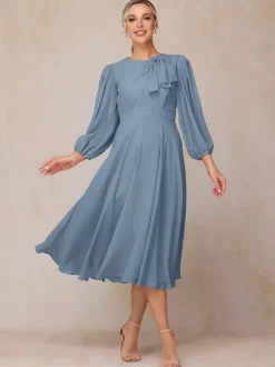 Robe de soirée pour mère de la mariée col bijou manches 3/4 ligne a n艙uds robes d'invitées pour mariage