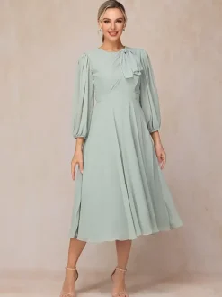 Robe de soirée pour mère de la mariée col bijou manches 3/4 ligne a n艙uds robes d'invitées pour mariage