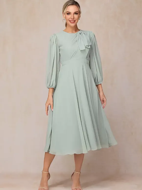 Robe de soirée pour mère de la mariée col bijou manches 3/4 ligne a n艙uds robes d'invitées pour mariage