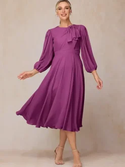 Robe de soirée pour mère de la mariée col bijou manches 3/4 ligne a n艙uds robes d'invitées pour mariage
