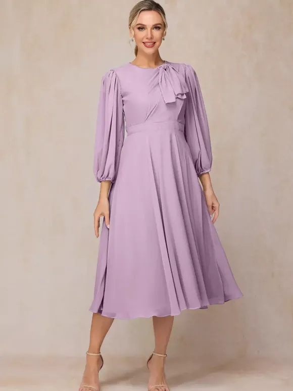 Robe de soirée pour mère de la mariée col bijou manches 3/4 ligne a n艙uds robes d'invitées pour mariage