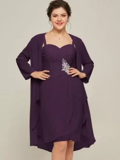 Robe de soirée pour mère de la mariée col en c艙ur manches longues ligne a en dentelle longueur aux genoux robes d'invitées pour mariage