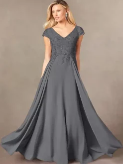 Robe de soirée pour mère de la mariée col en v manches courtes ligne a en dentelle longueur au sol robes d'invitées pour mariage