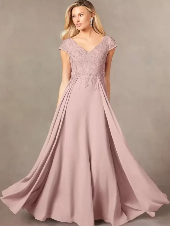 Robe de soirée pour mère de la mariée col en v manches courtes ligne a en dentelle longueur au sol robes d'invitées pour mariage