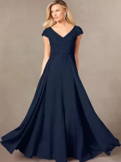 Robe de soirée pour mère de la mariée col en v manches courtes ligne a en dentelle longueur au sol robes d'invitées pour mariage