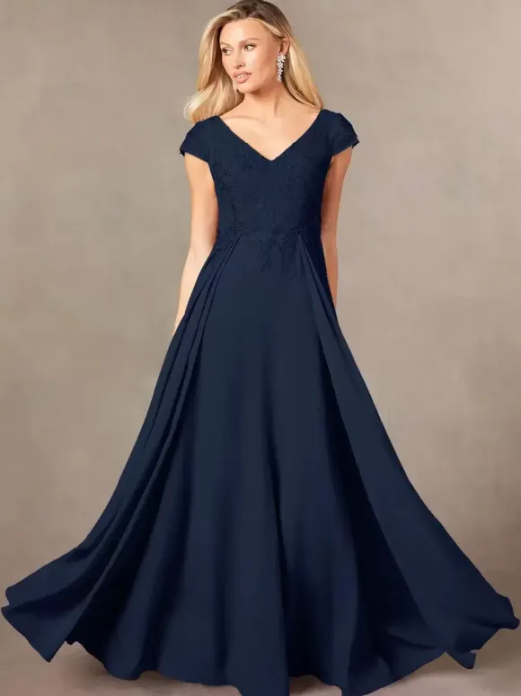 Robe de soirée pour mère de la mariée col en v manches courtes ligne a en dentelle longueur au sol robes d'invitées pour mariage