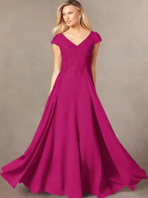 Robe de soirée pour mère de la mariée col en v manches courtes ligne a en dentelle longueur au sol robes d'invitées pour mariage