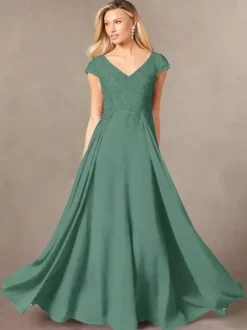 Robe de soirée pour mère de la mariée col en v manches courtes ligne a en dentelle longueur au sol robes d'invitées pour mariage