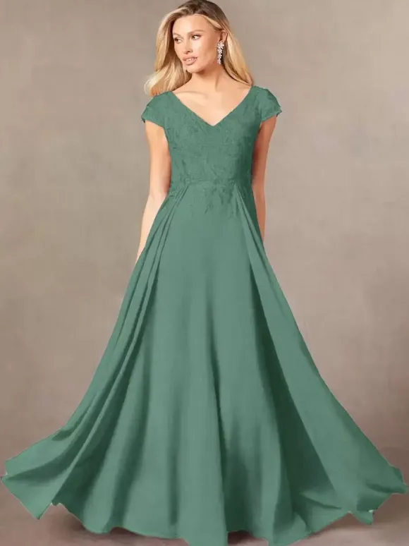 Robe de soirée pour mère de la mariée col en v manches courtes ligne a en dentelle longueur au sol robes d'invitées pour mariage