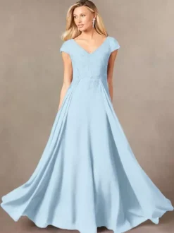 Robe de soirée pour mère de la mariée col en v manches courtes ligne a en dentelle longueur au sol robes d'invitées pour mariage