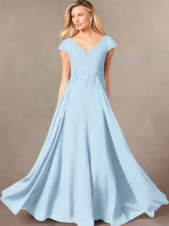 Robe de soirée pour mère de la mariée col en v manches courtes ligne a en dentelle longueur au sol robes d'invitées pour mariage