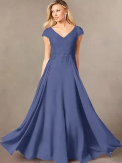 Robe de soirée pour mère de la mariée col en v manches courtes ligne a en dentelle longueur au sol robes d'invitées pour mariage