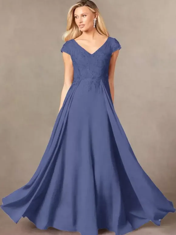 Robe de soirée pour mère de la mariée col en v manches courtes ligne a en dentelle longueur au sol robes d'invitées pour mariage