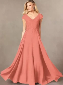 Robe de soirée pour mère de la mariée col en v manches courtes ligne a en dentelle longueur au sol robes d'invitées pour mariage