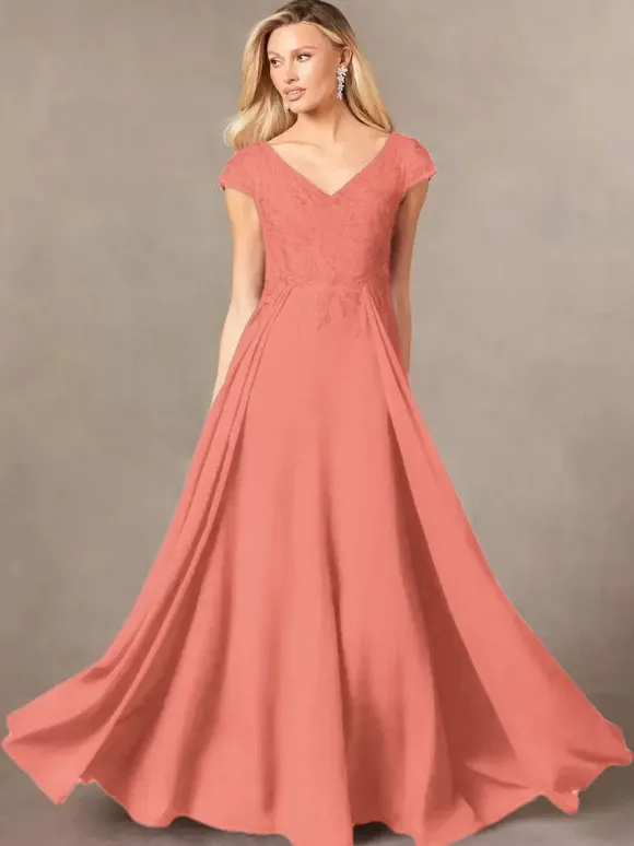 Robe de soirée pour mère de la mariée col en v manches courtes ligne a en dentelle longueur au sol robes d'invitées pour mariage