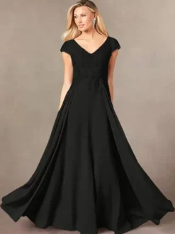 Robe de soirée pour mère de la mariée col en v manches courtes ligne a en dentelle longueur au sol robes d'invitées pour mariage