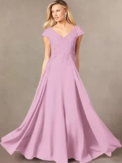 Robe de soirée pour mère de la mariée col en v manches courtes ligne a en dentelle longueur au sol robes d'invitées pour mariage