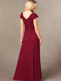 Robe de soirée pour mère de la mariée col en v manches courtes ligne a en dentelle longueur au sol robes d'invitées pour mariage