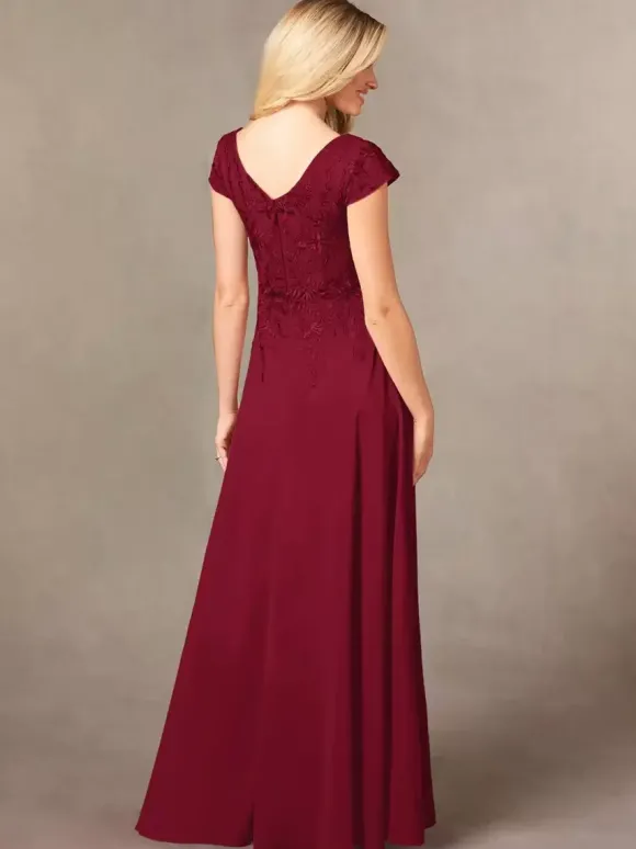 Robe de soirée pour mère de la mariée col en v manches courtes ligne a en dentelle longueur au sol robes d'invitées pour mariage