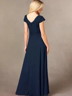 Robe de soirée pour mère de la mariée col en v manches courtes ligne a en dentelle longueur au sol robes d'invitées pour mariage