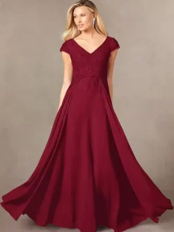 Robe de soirée pour mère de la mariée col en v manches courtes ligne a en dentelle longueur au sol robes d'invitées pour mariage