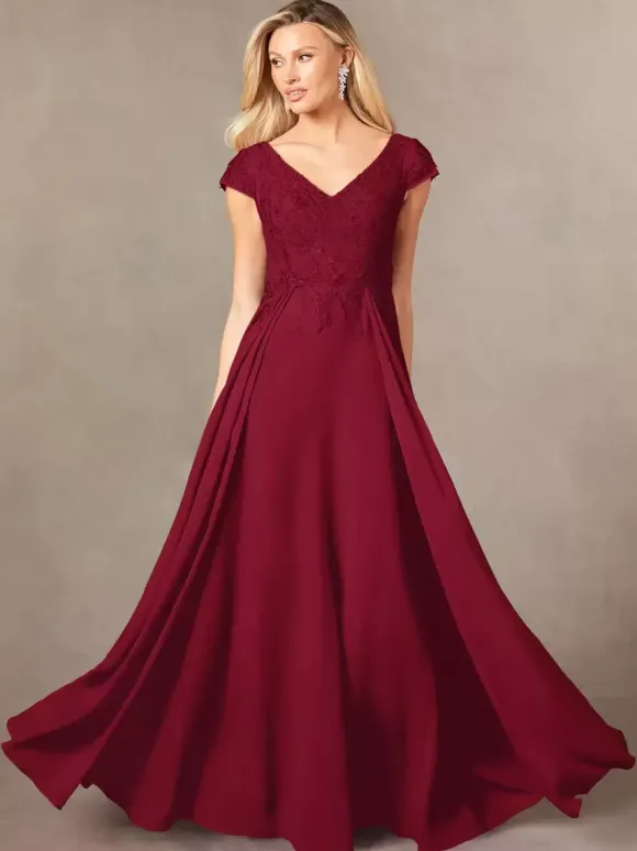 Robe de soirée pour mère de la mariée col en v manches courtes ligne a en dentelle longueur au sol robes d'invitées pour mariage