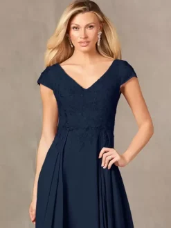 Robe de soirée pour mère de la mariée col en v manches courtes ligne a en dentelle longueur au sol robes d'invitées pour mariage