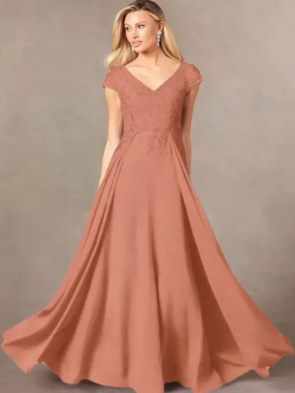 Robe de soirée pour mère de la mariée col en v manches courtes ligne a en dentelle longueur au sol robes d'invitées pour mariage