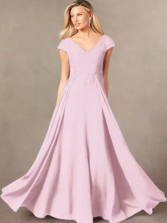 Robe de soirée pour mère de la mariée col en v manches courtes ligne a en dentelle longueur au sol robes d'invitées pour mariage