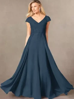 Robe de soirée pour mère de la mariée col en v manches courtes ligne a en dentelle longueur au sol robes d'invitées pour mariage