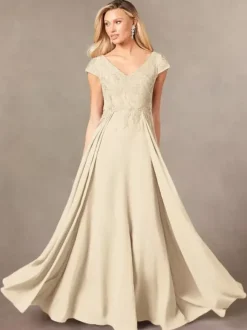 Robe de soirée pour mère de la mariée col en v manches courtes ligne a en dentelle longueur au sol robes d'invitées pour mariage