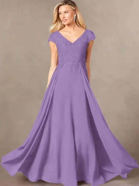 Robe de soirée pour mère de la mariée col en v manches courtes ligne a en dentelle longueur au sol robes d'invitées pour mariage