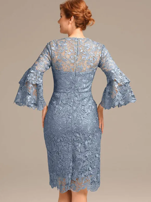 Robe de soirée pour mère de la mariée col bijou manches 3/4 courte en dentelle longueur aux genoux robes d'invitées pour mariage