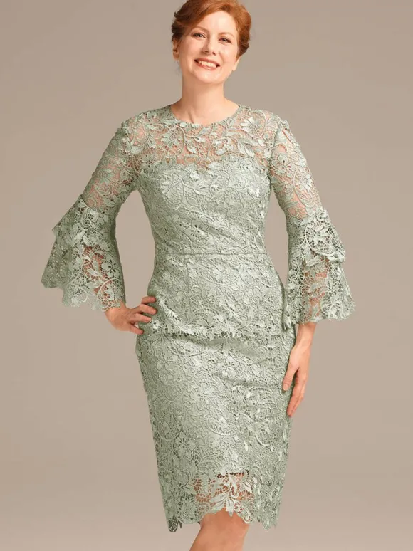 Robe de soirée pour mère de la mariée col bijou manches 3/4 courte en dentelle longueur aux genoux robes d'invitées pour mariage