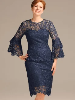 Robe de soirée pour mère de la mariée col bijou manches 3/4 courte en dentelle longueur aux genoux robes d'invitées pour mariage