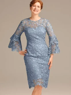 Robe de soirée pour mère de la mariée col bijou manches 3/4 courte en dentelle longueur aux genoux robes d'invitées pour mariage