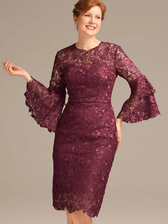 Robe de soirée pour mère de la mariée col bijou manches 3/4 courte en dentelle longueur aux genoux robes d'invitées pour mariage