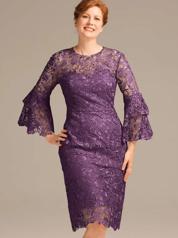 Robe de soirée pour mère de la mariée col bijou manches 3/4 courte en dentelle longueur aux genoux robes d'invitées pour mariage