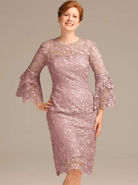 Robe de soirée pour mère de la mariée col bijou manches 3/4 courte en dentelle longueur aux genoux robes d'invitées pour mariage
