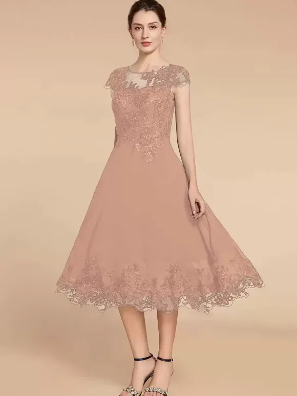 Robe de soirée pour mère de la mariée col en bijou manches cape dentelle ligne a longueur thé robes d'invitées de mariage
